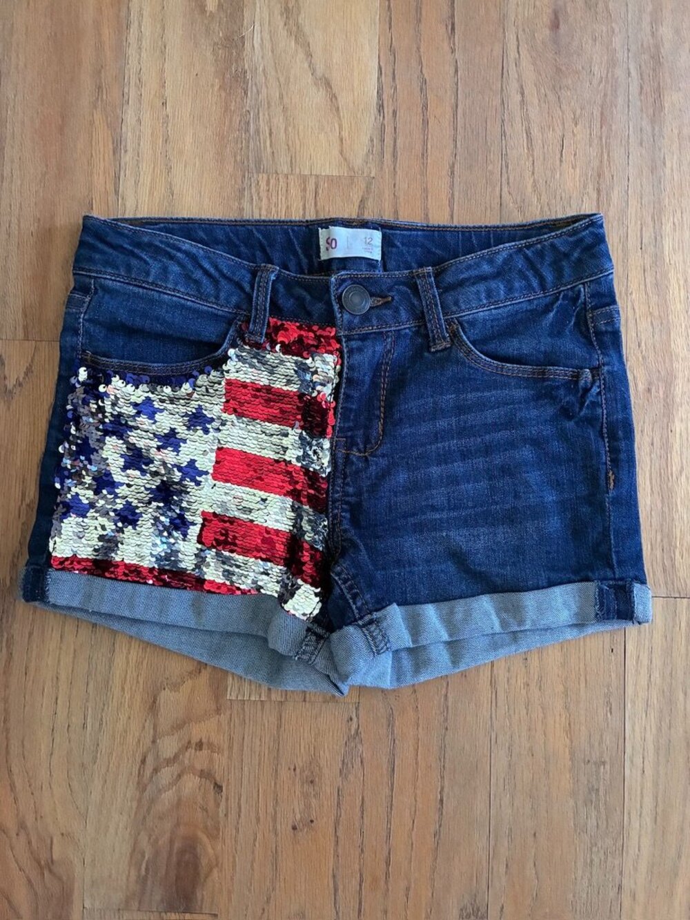 SO Girls American Flag Flip Sequin Shorts Size 12